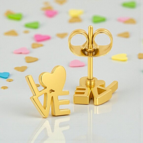 LOVE Stud Earrings – 18K Gold Plated Stainless Steel | Gift-Ready Elegance 💕 - Picture 7 of 8